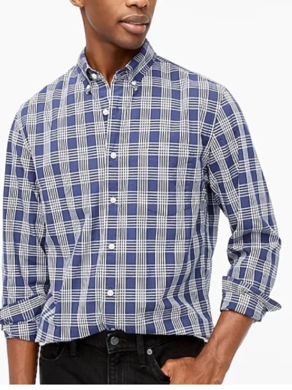 J. Crew Flex Washed Navy and White Tartan Plaid Button-Down Shirt Large Slim